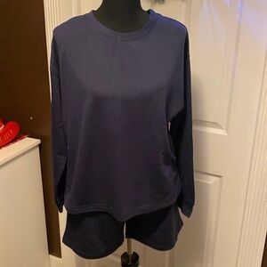 Feathers Pajamas Loungewear Navy Blue Sweatshirt Material Top & Shorts L NWOT